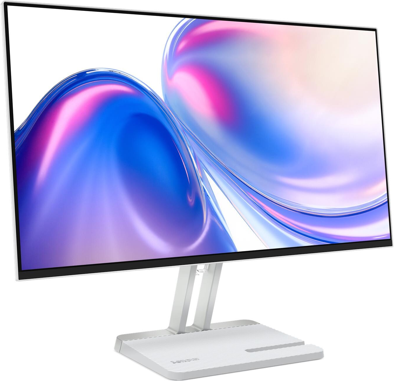 Un écran d'ordinateur avec un cadre blanc. L'écran affiche un design abstrait coloré en bleu, rose et blanc. Il a une base blanche.