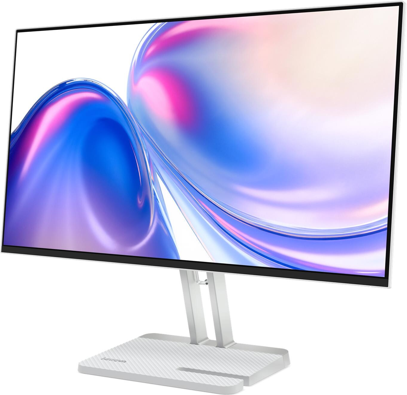 Un moniteur Lenovo affiche une image abstraite vibrante de tourbillons bleus, roses et blancs. Il repose sur un support argenté.