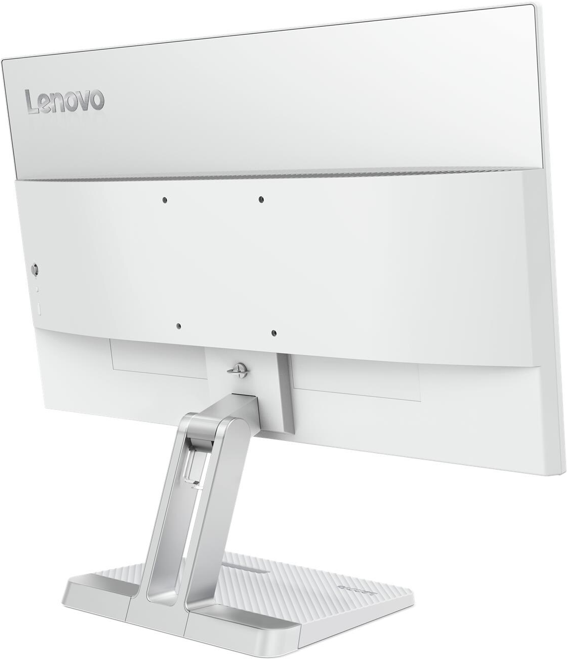 Moniteur Lenovo blanc, vue arrière. Le support est argenté. L'écran a un cadre blanc et le logo Lenovo.
