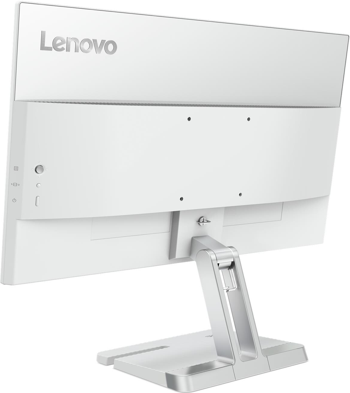 Moniteur Lenovo blanc, vue arrière. Support et base argentés. Ports et bouton d'alimentation à gauche. Logo Lenovo en haut.