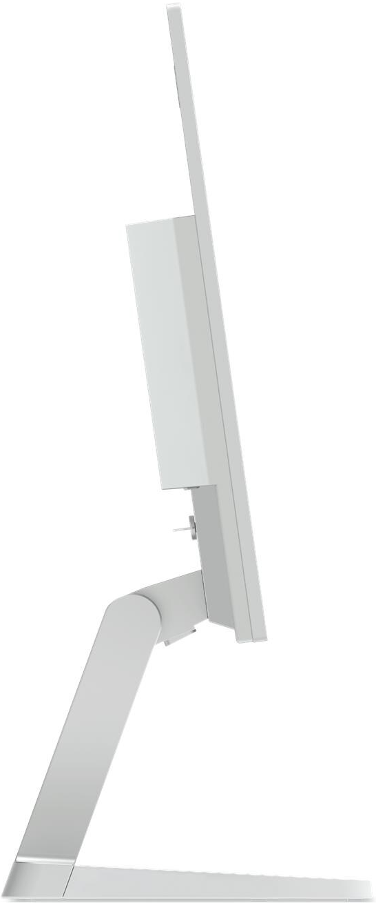Vue latérale d'un écran d'ordinateur blanc. Il a un écran rectangulaire soutenu par un support et une base, le tout en blanc.