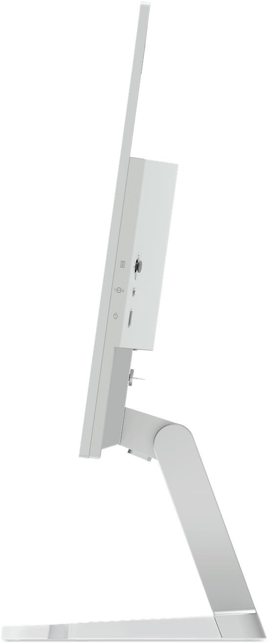 Vue latérale d'un moniteur d'ordinateur blanc. L'écran est fin et vertical, soutenu par un pied. Des ports sont visibles sur le côté.