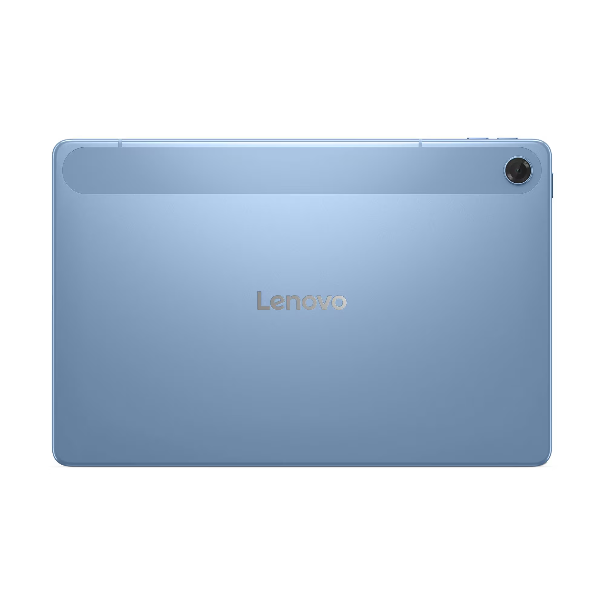 Világoskék Lenovo tablet hátulja fehér háttérrel. Van rajta egy kamera és a Lenovo logó.