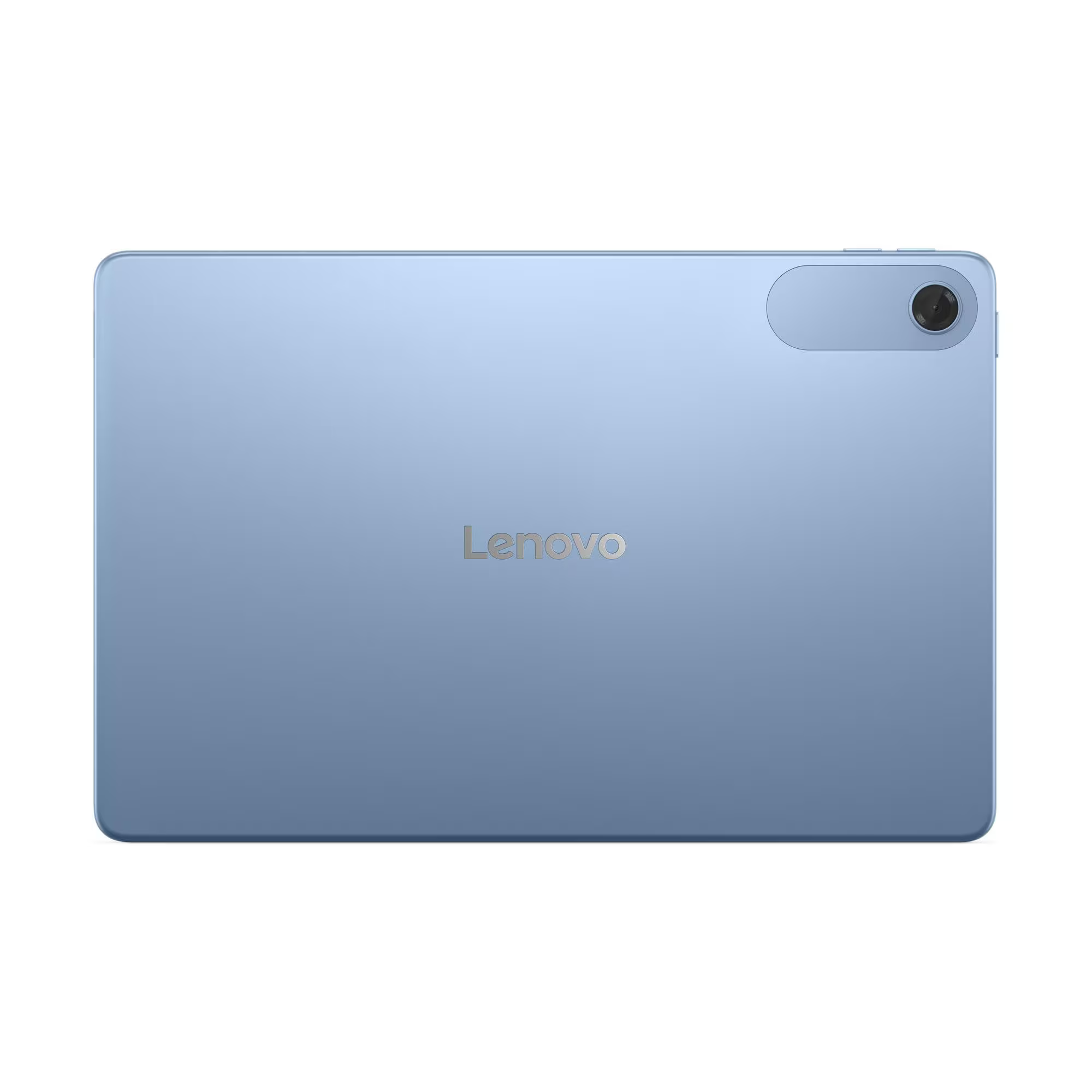 Kék Lenovo tablet hátlapja. Kamera, gombok és a Lenovo logó fehér háttéren.