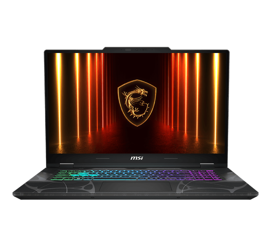MSI-Laptop mit leuchtendem Bildschirm, der ein Drachenlogo und Neonlichter zeigt, Tastatur mit Regenbogenfarben beleuchtet, schwarzer Hintergrund.