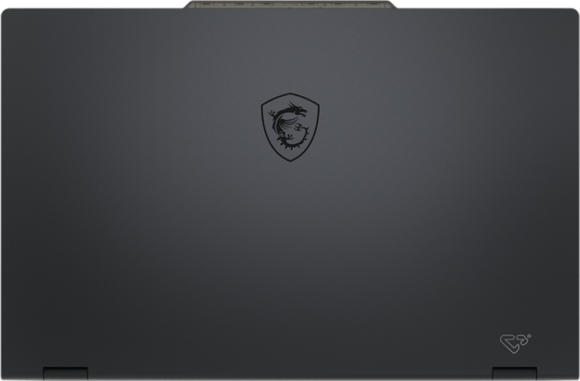 Dunkelgrauer Laptopdeckel. MSI-Logo in der Mitte, Drachenwappen. Obere Kante hat ein Lüftungsgitter. Unten rechts ein Symbol.