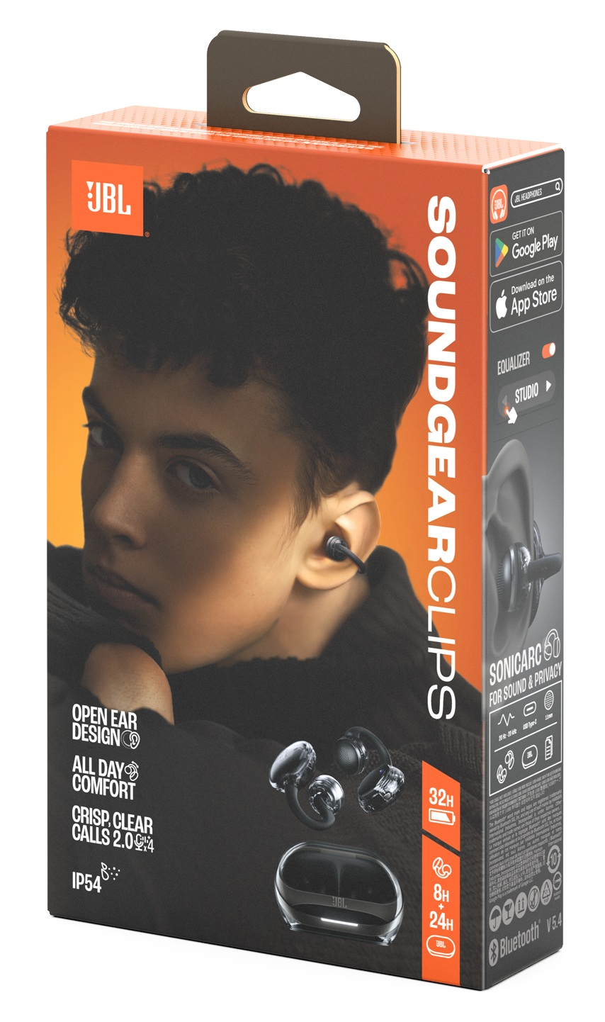 Pudełko JBL Soundgear Clips. Osoba nosząca słuchawkę znajduje się na okładce. Pudełko pokazuje również słuchawki i ich etui ładujące.