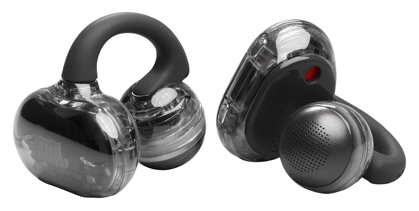 Dwa bezprzewodowe, przezroczysto-szare słuchawki z czarnymi akcentami i czarną zakrzywioną opaską. Leżą na białym tle.