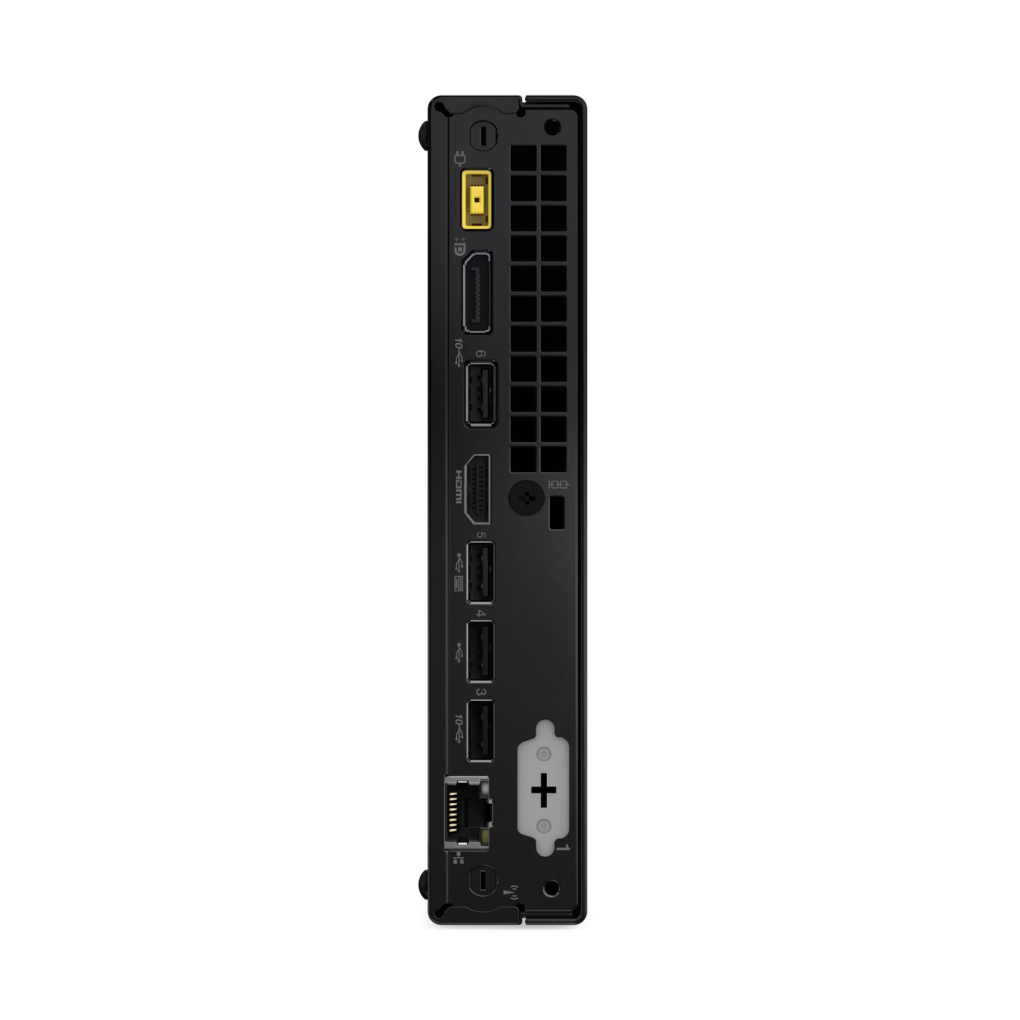 Fekete számítógépes eszköz több porttal. HDMI, USB és Ethernet portokat tartalmaz. Lenovo logó látható.