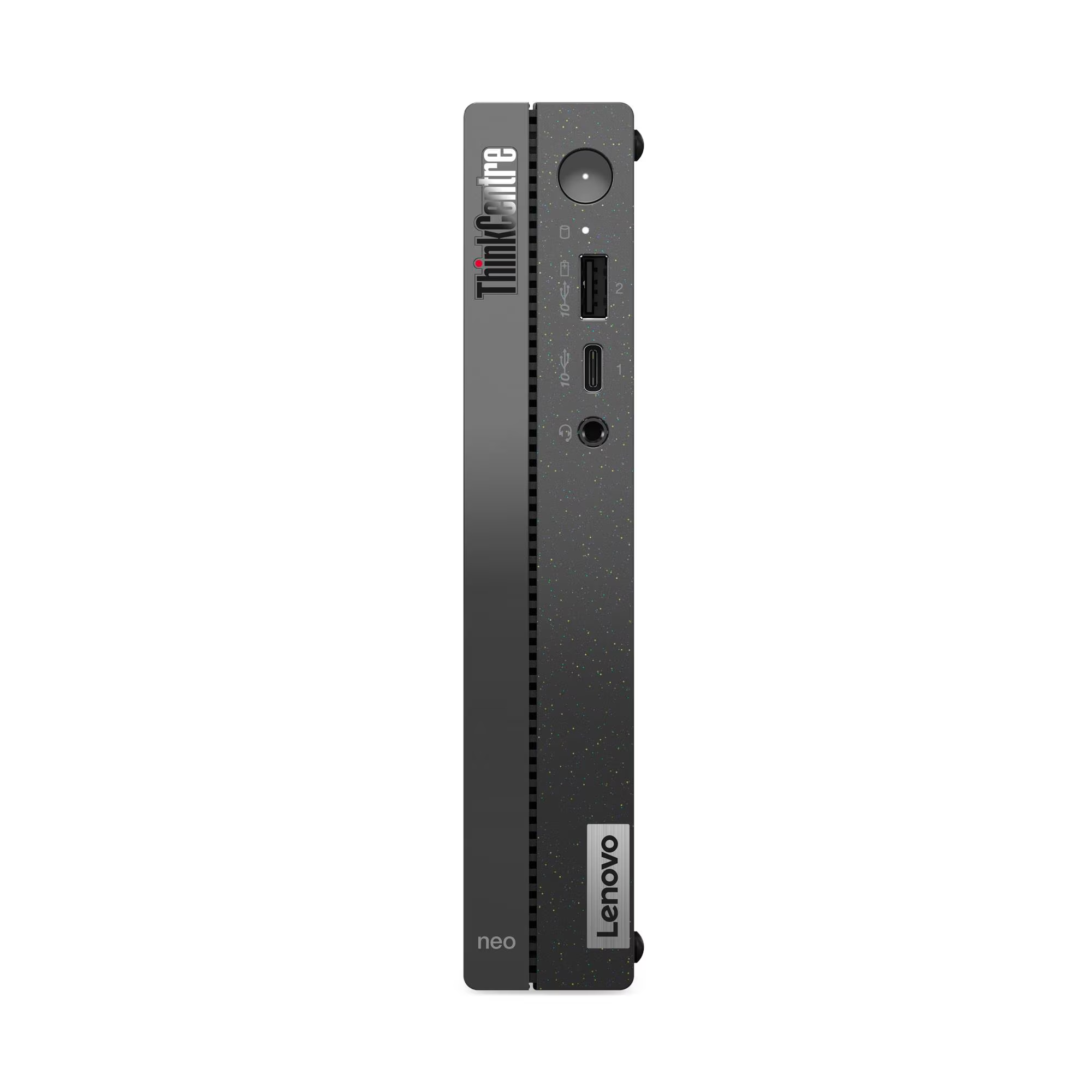 Egy fekete Lenovo ThinkCentre neo asztali számítógép. Portok, gombok és logók találhatók rajta.