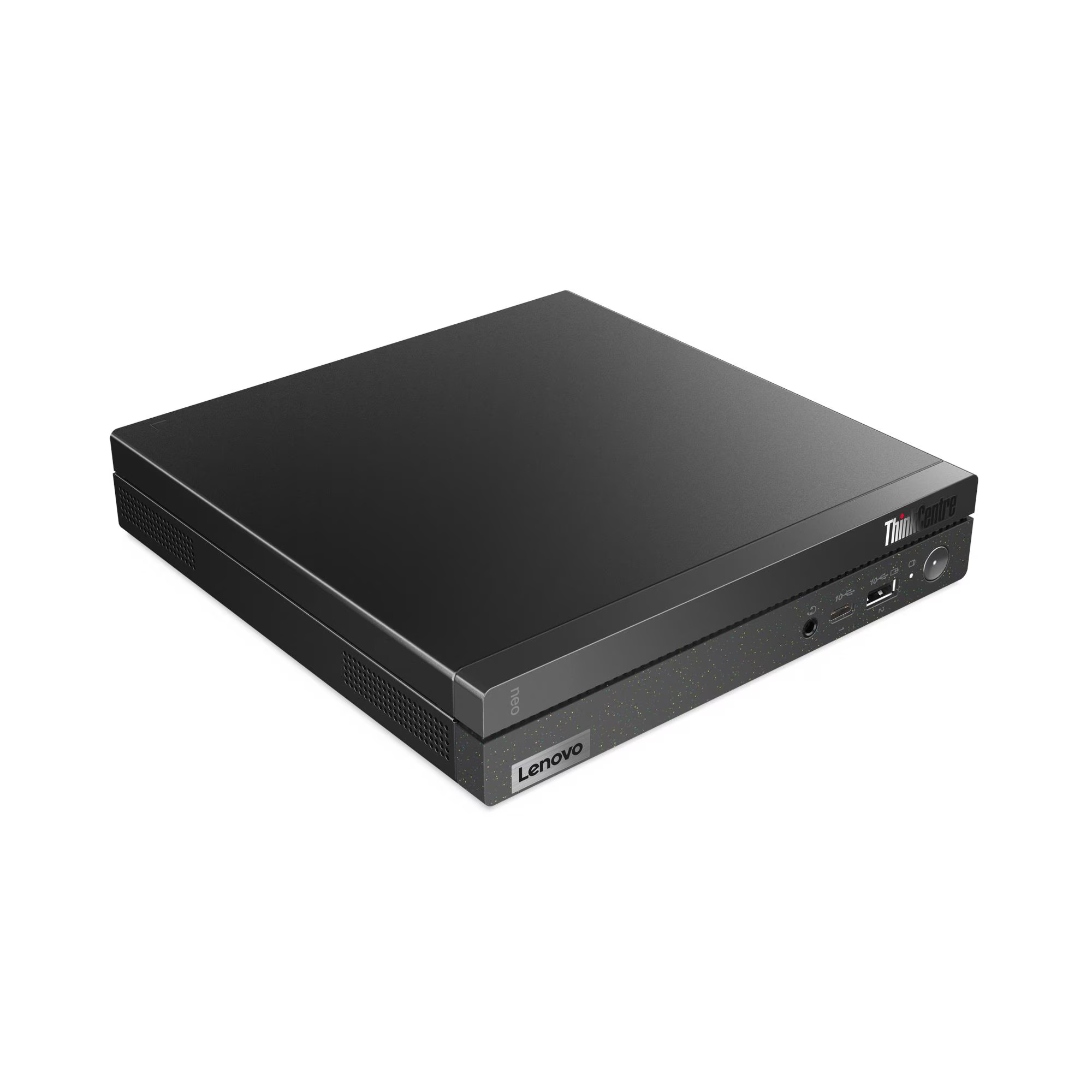 Fekete Lenovo ThinkCentre Neo asztali számítógép. Lapos teteje és texturált alapja van portokkal.