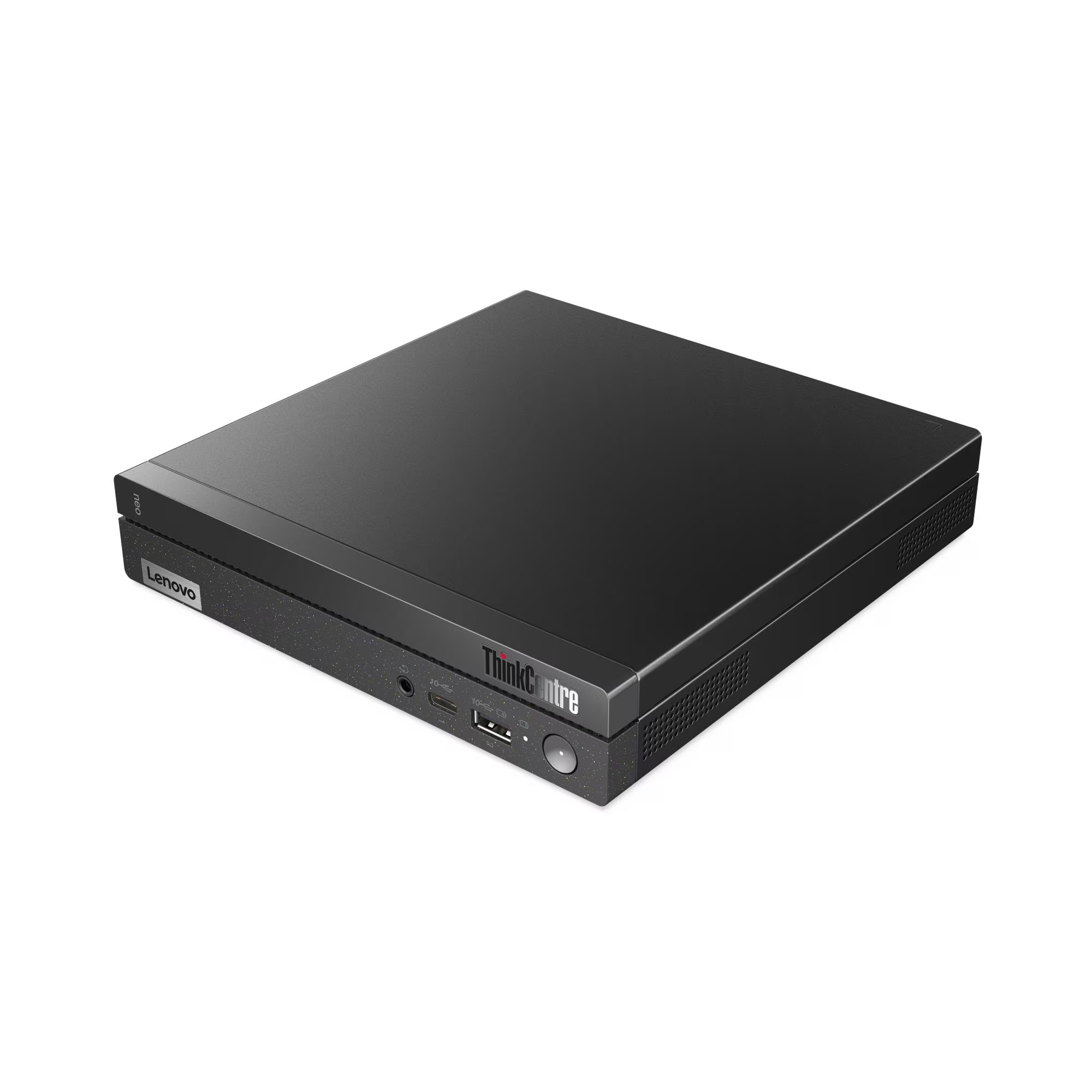 Egy fekete Lenovo ThinkCentre asztali számítógép. Az elején a ThinkCentre logó látható. Fehér háttér előtt izolálva.