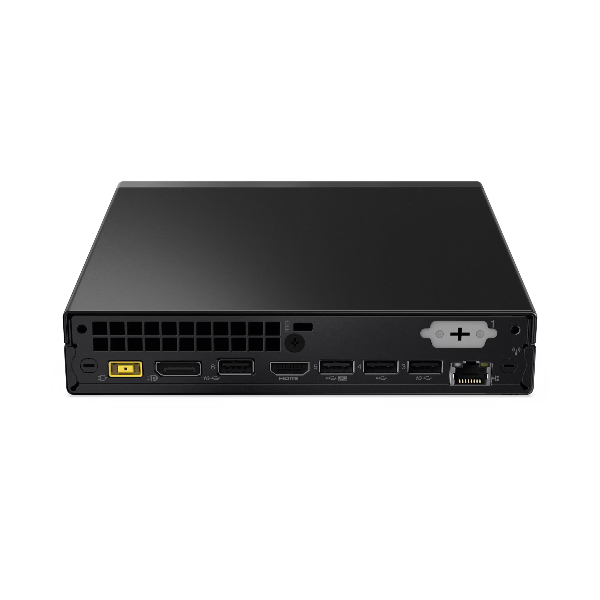 Fekete asztali számítógép, több porttal és Lenovo logóval. A portok közé tartozik a HDMI, USB és Ethernet.