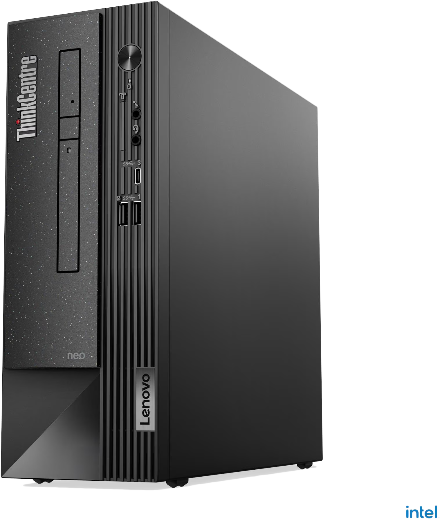 Egy fekete Lenovo ThinkCentre asztali számítógép. Rajta a ThinkCentre logó, a Lenovo logó és a neo márkanév.