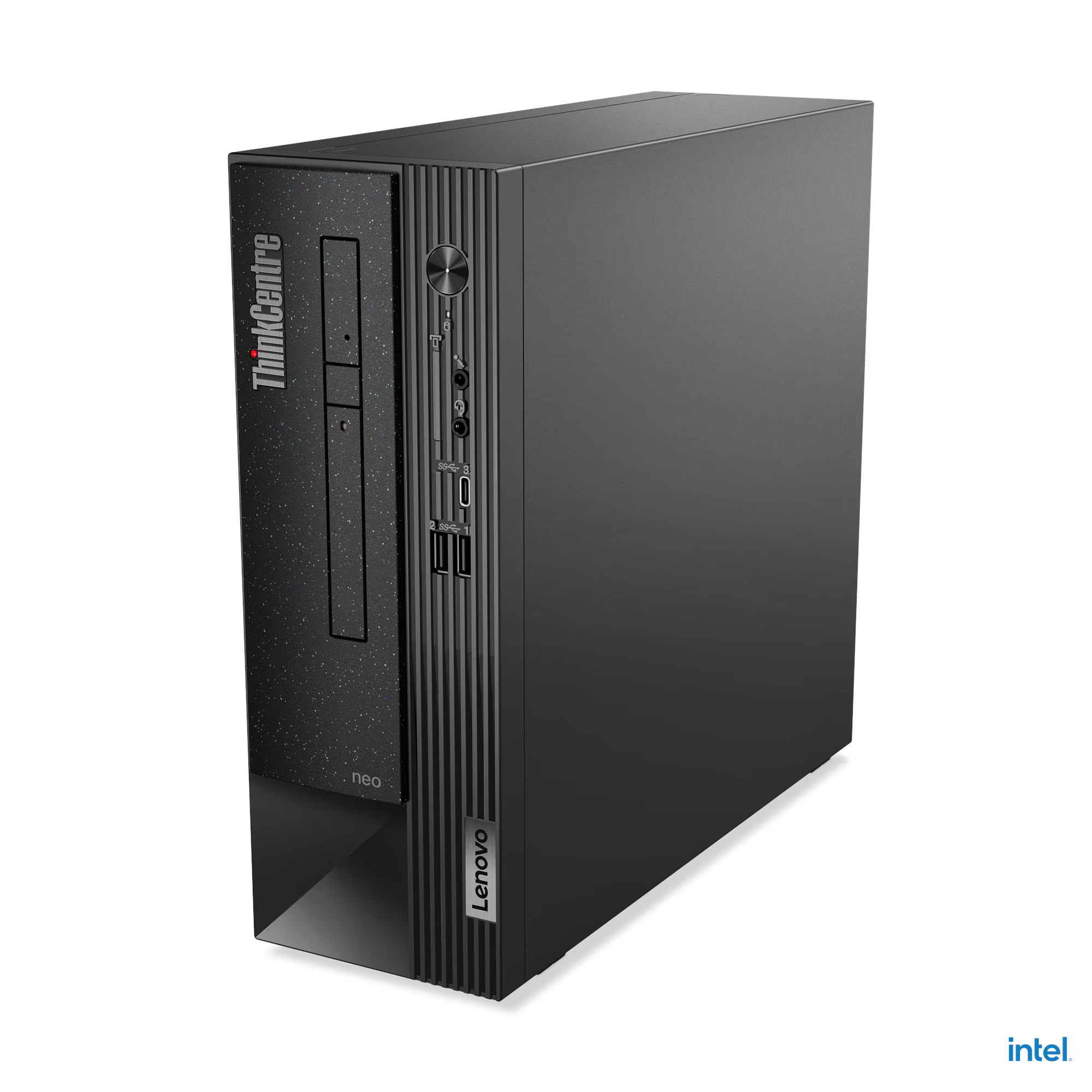 Egy fekete Lenovo ThinkCentre számítógép torony. Portok, gombok és logók találhatók rajta, beleértve a ThinkCentre, a Lenovo és az Intel.