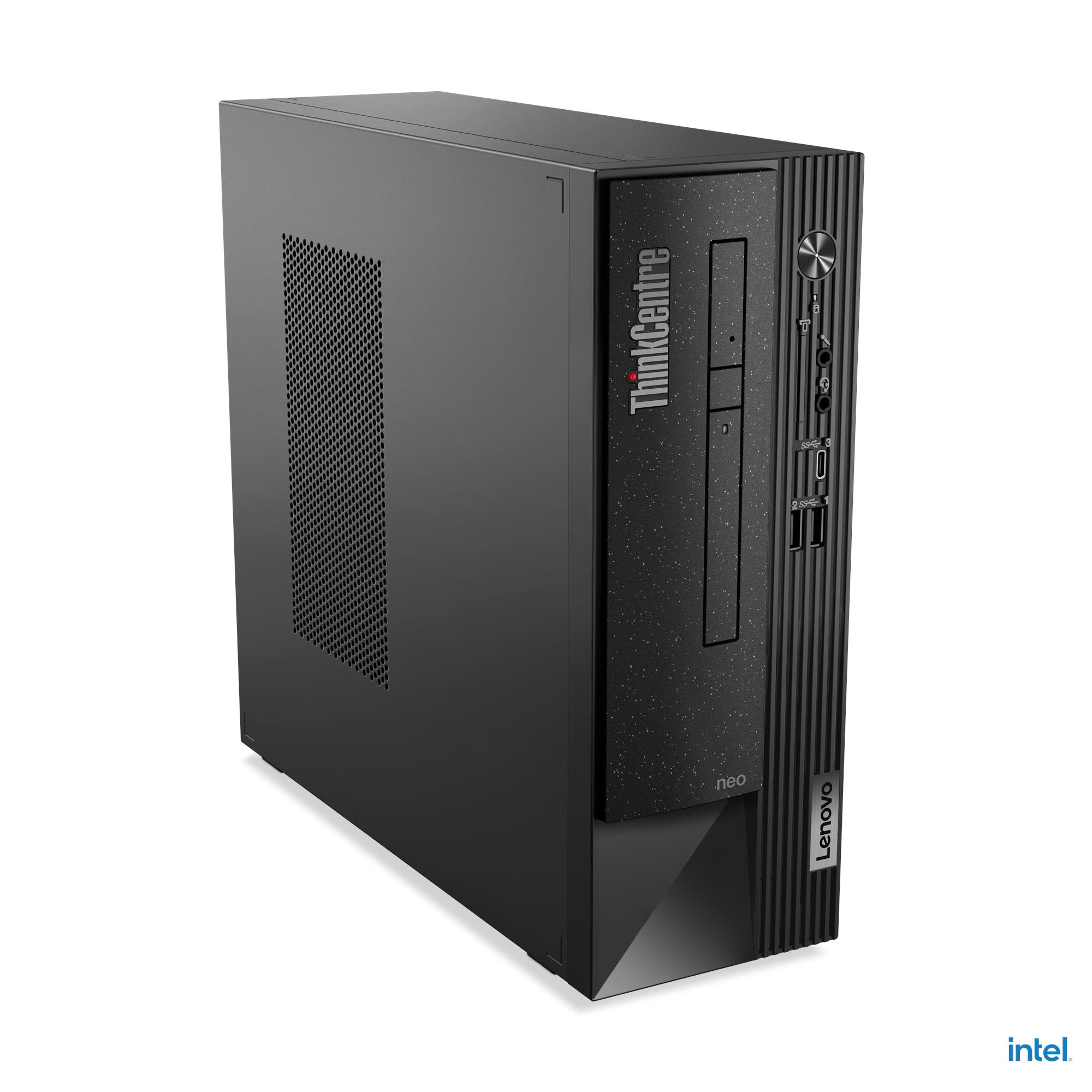 Fekete Lenovo ThinkCentre neo asztali számítógép. ThinkCentre és Lenovo márkajelzéssel, texturált előlappal.