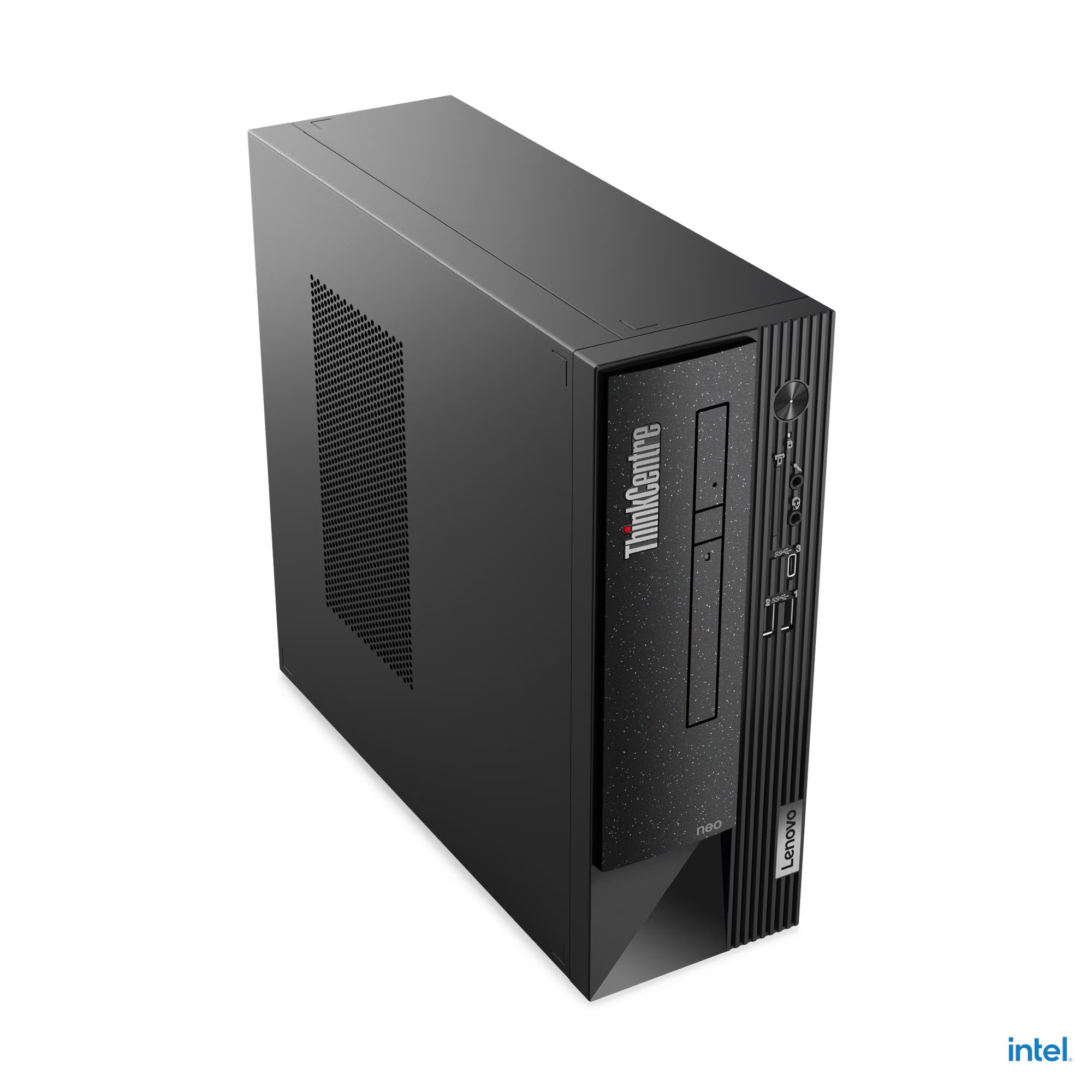Egy fekete Lenovo ThinkCentre Neo asztali számítógép. Rajta a ThinkCentre logó, és az Intel logó a jobb alsó sarokban.