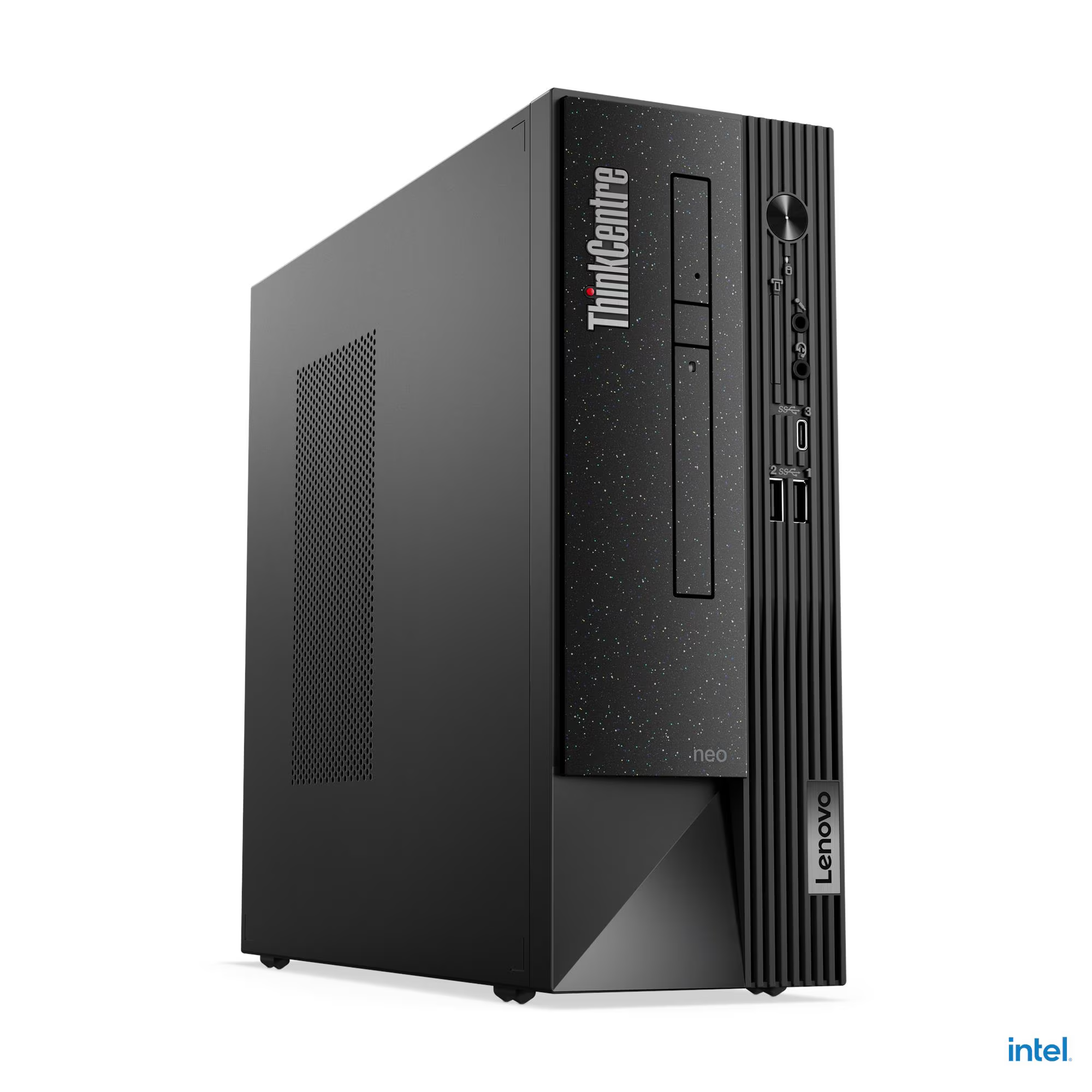 Fekete Lenovo ThinkCentre neo asztali számítógép fehér háttérrel. Portokkal, ThinkCentre és Lenovo márkajelzéssel.