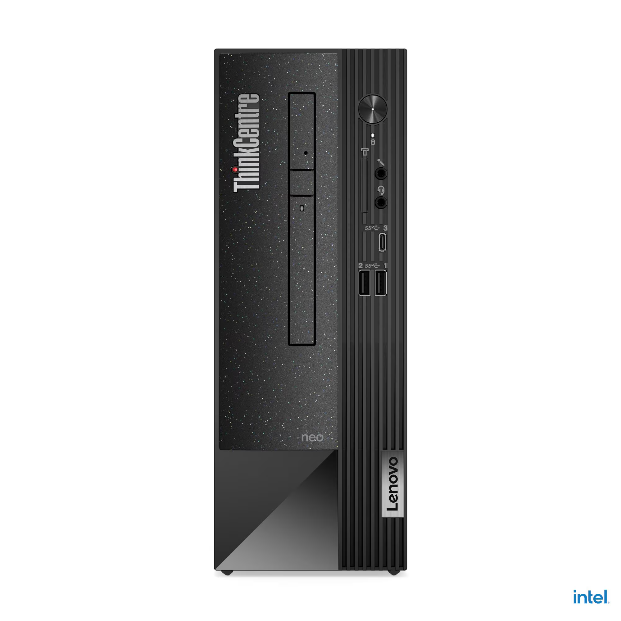 Fekete Lenovo ThinkCentre asztali számítógép. Függőleges kialakítású, előlapján portokkal és gombokkal.