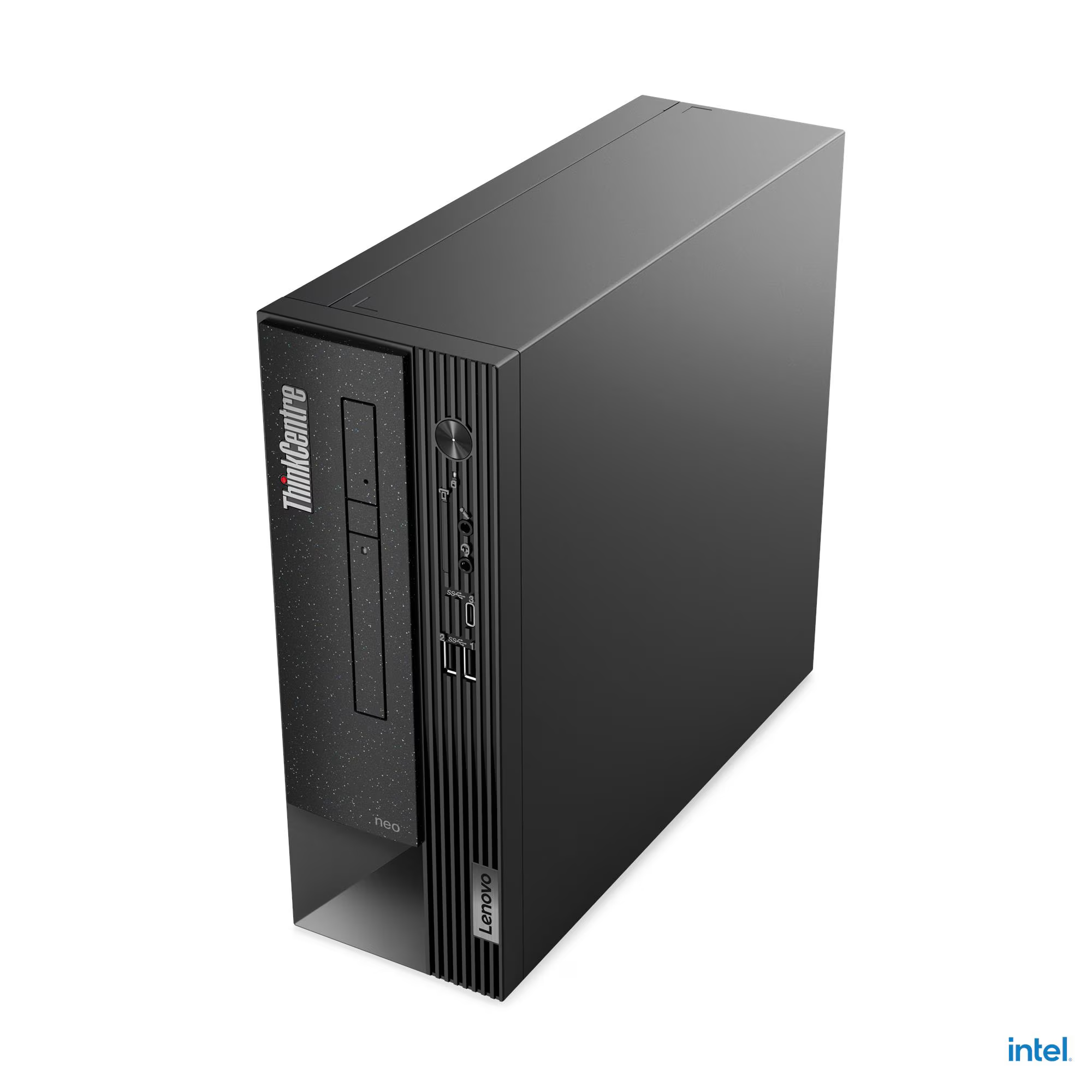 Egy fekete Lenovo ThinkCentre neo asztali számítógép fehér háttérrel. Van rajta bekapcsológomb, portok és egy DVD-meghajtó.