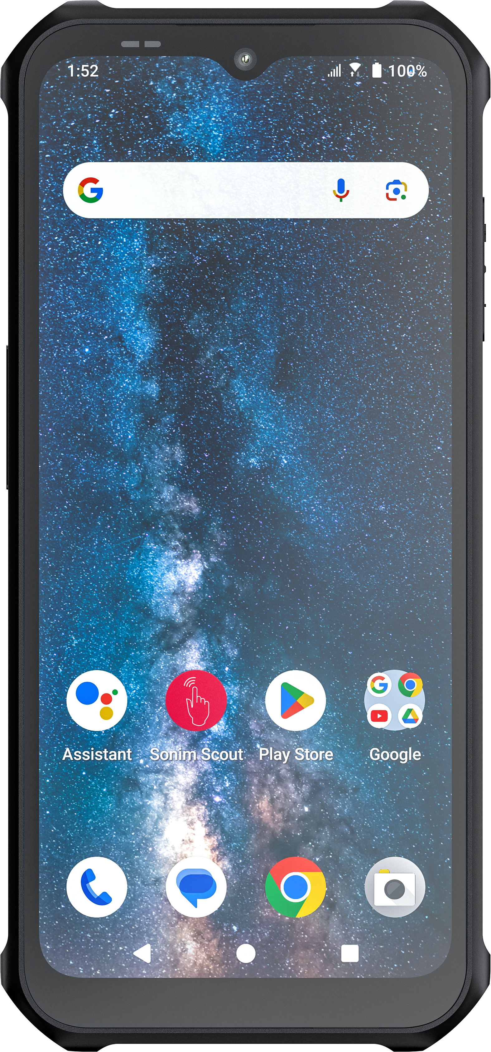 Ein Smartphone zeigt einen Sternenhimmel-Hintergrund. App-Symbole und eine Suchleiste sind auf dem Bildschirm sichtbar.