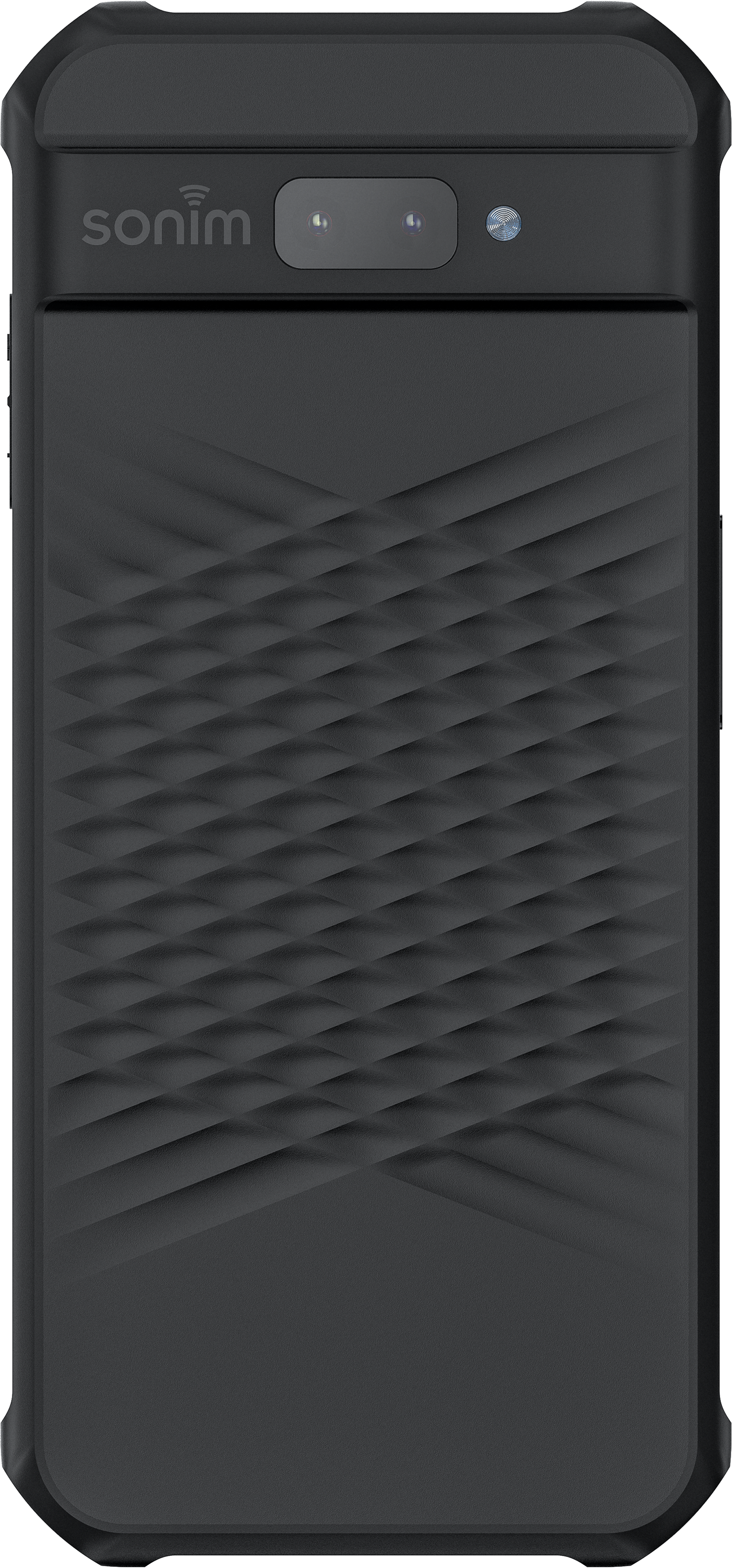 Schwarze Telefonhülle mit Sonim-Logo. Es hat eine Kamera und ein strukturiertes Muster.