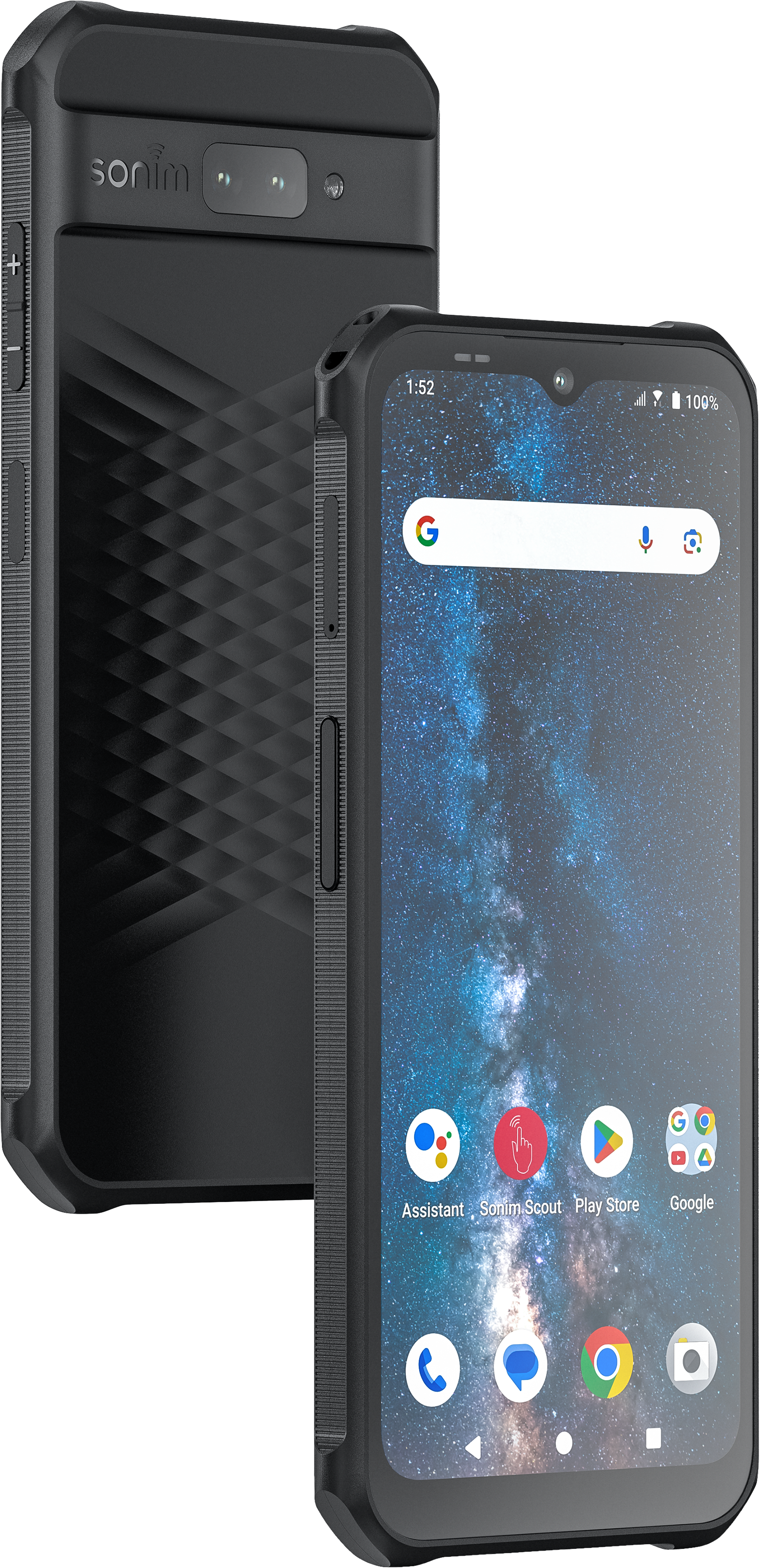 Zwei schwarze Smartphones werden angezeigt. Eines zeigt den Bildschirm. Das andere ist dahinter. Der Bildschirm zeigt die Google-Suchleiste.