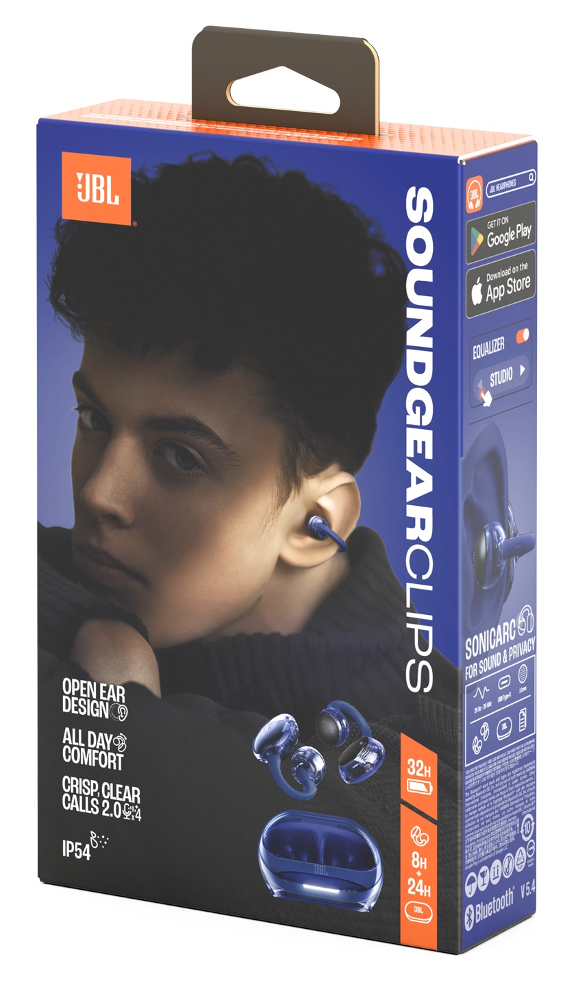 Pudełko JBL Soundgear Clips. Młoda osoba ze słuchawką. Widoczne niebieskie słuchawki i etui. Szczegóły dotyczące funkcji.