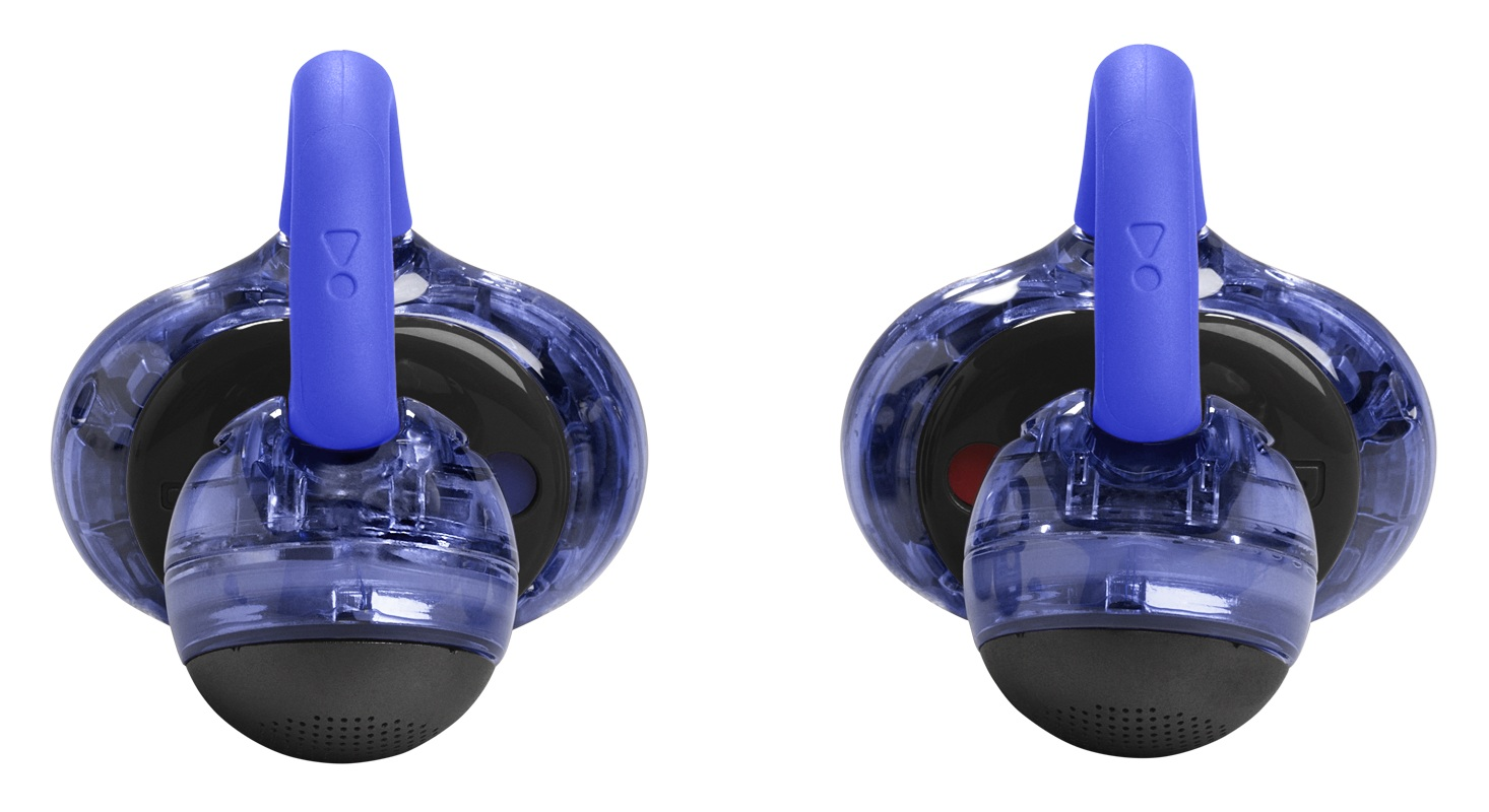Dwie przezroczyste niebieskie słuchawki z czarnymi i niebieskimi akcentami. Mają zakrzywiony niebieski element, który pasuje do ucha.