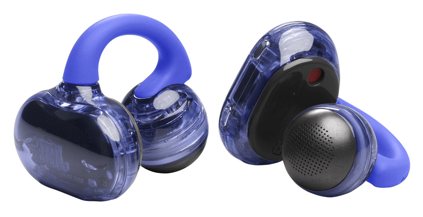 Dwa niebiesko-czarne słuchawki z pętelkowym designem. Jeden słuchawka jest pod kątem, pokazując głośnik i czerwoną kropkę.