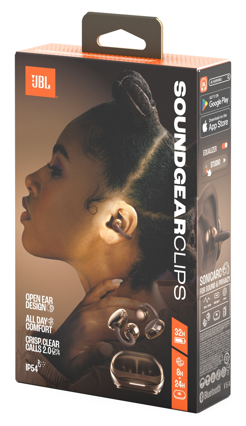 Pudełko słuchawek JBL Soundgear Clips. Pokazuje kobietę noszącą jedną, z produktem i jego funkcjami.