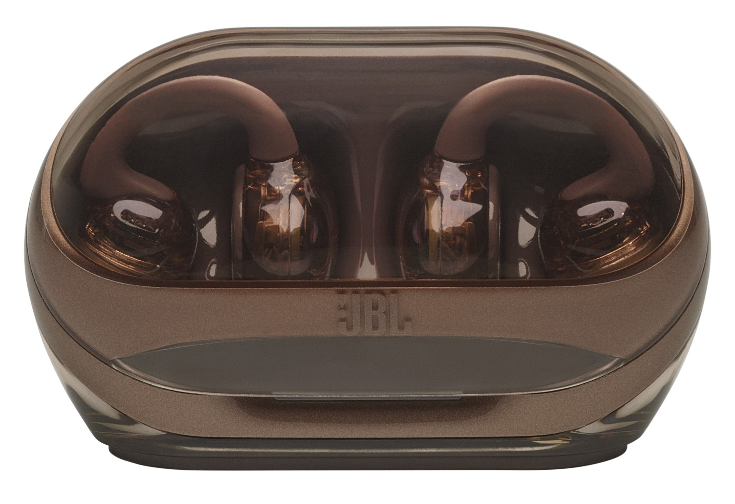 Brązowe słuchawki JBL w etui. Etui jest owalne i przezroczyste. Marka jest widoczna.