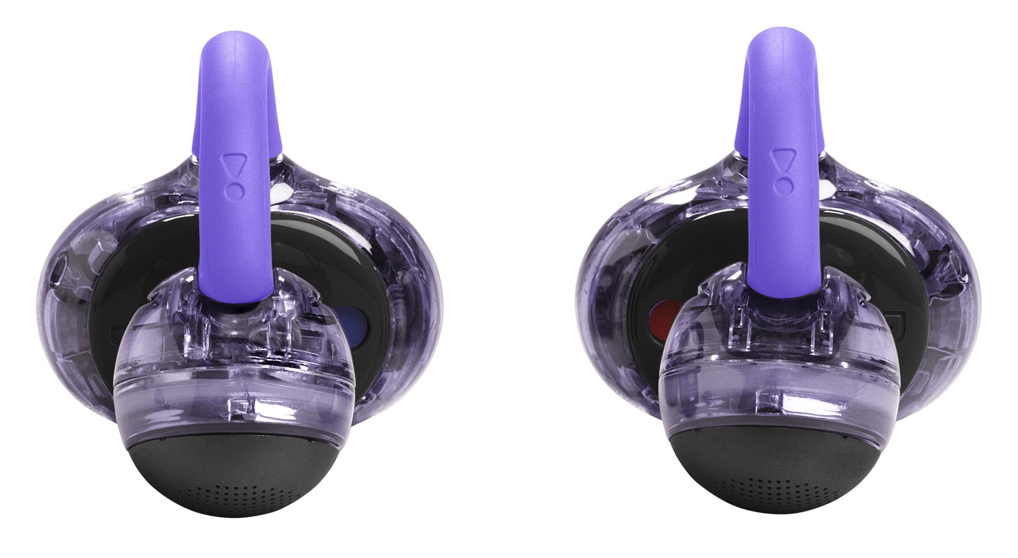 Dwa przezroczyste fioletowe wkładki douszne z fioletowymi haczykami na uszy. Każdy ma czarny głośnik i kolorowy przycisk.