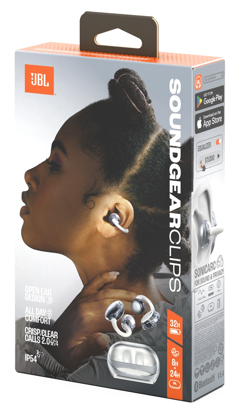 Pudełko z kobietą noszącą słuchawki. Na pudełku napis JBL SOUNDGEARCLIPS. Słuchawki znajdują się w uchu kobiety i na pudełku.