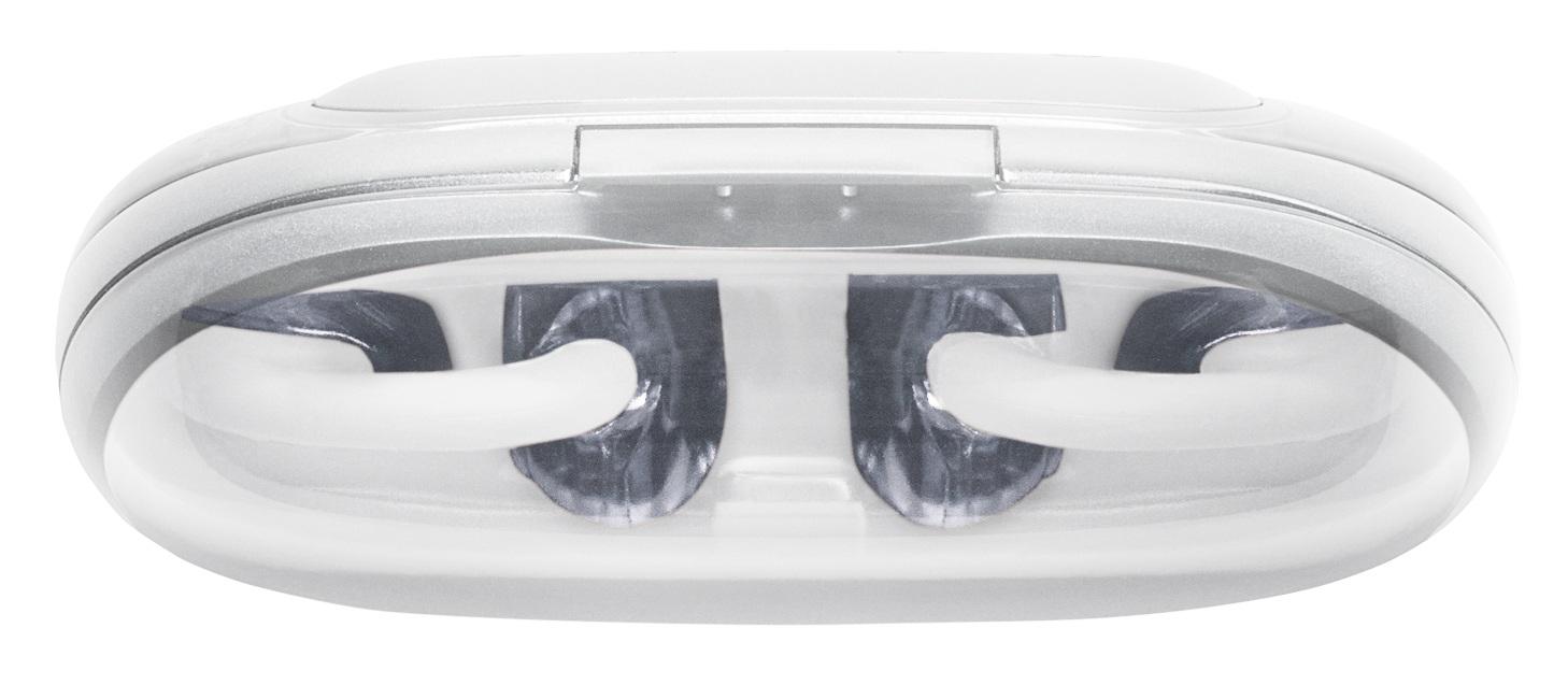 Białe i srebrne urządzenie z dwiema zakrzywionymi białymi rurkami i dwiema ciemnymi, przezroczystymi sekcjami.