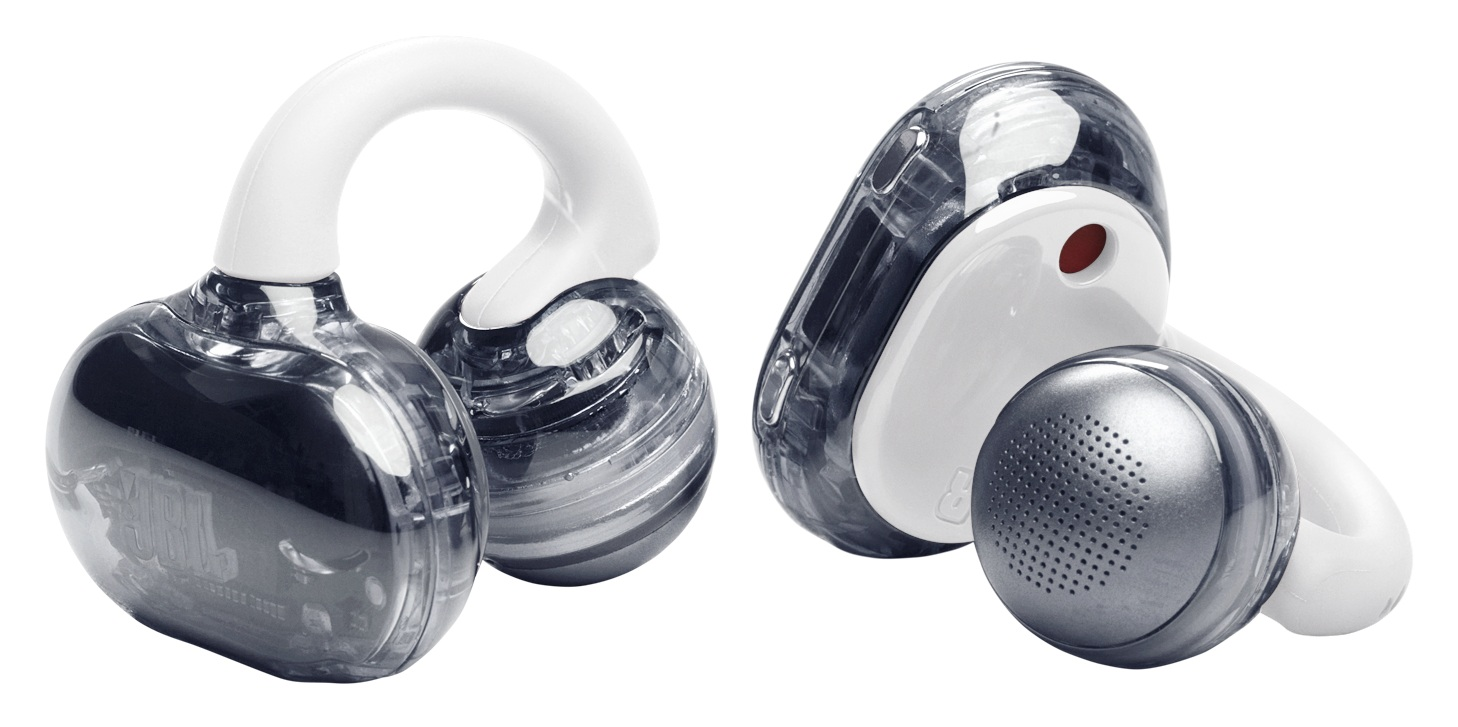 Dwa przezroczyste słuchawki JBL z białymi akcentami. Jedna stoi prosto, druga jest przechylona. Oba mają przezroczysty, szary odcień z białymi łukami.