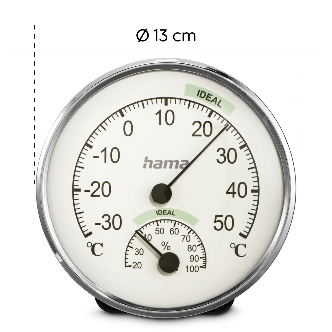 Ein rundes Thermometer und Hygrometer mit silbernem Rahmen. Es zeigt Temperatur und Luftfeuchtigkeit. Die Marke 'hama' ist sichtbar.