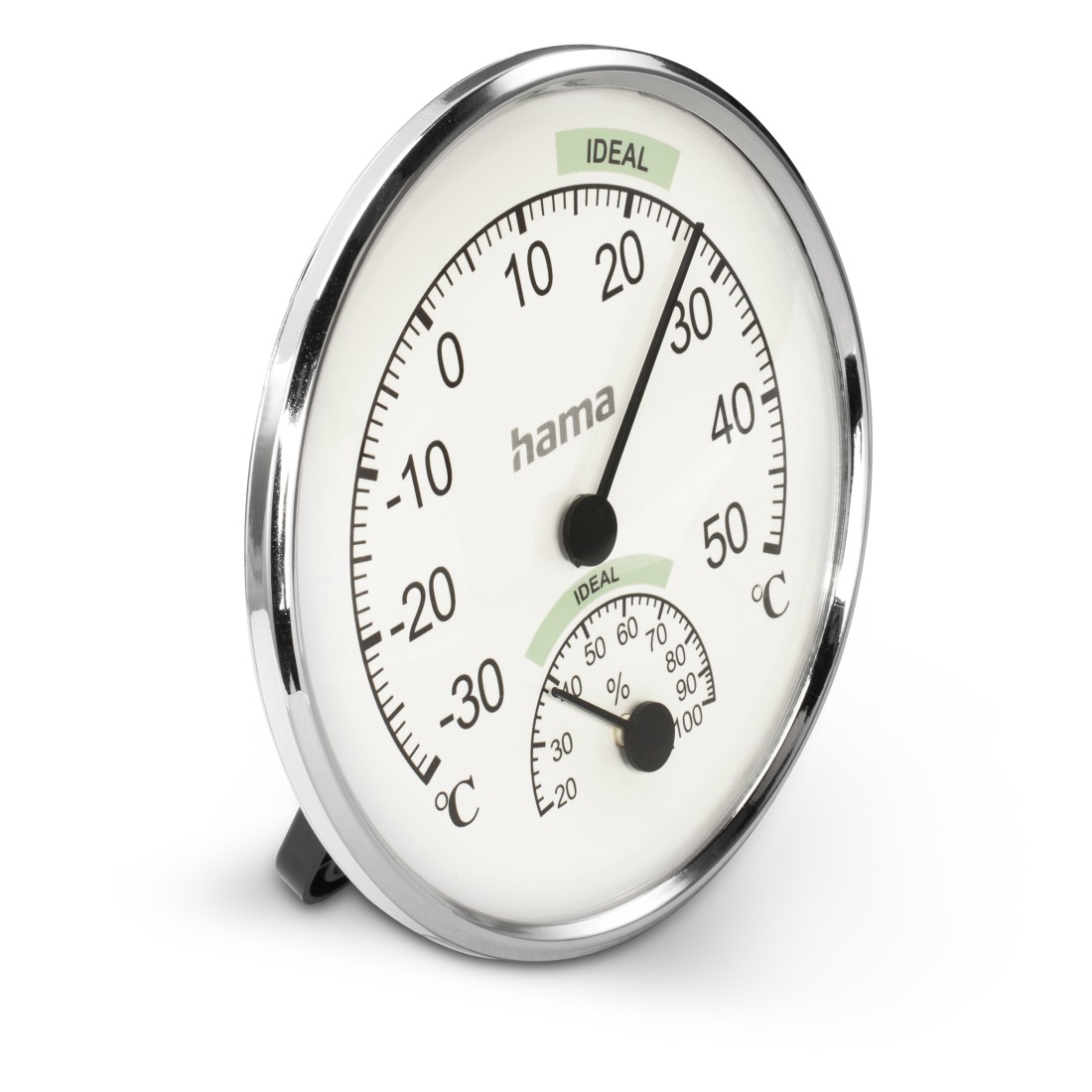 Ein rundes Thermometer und Hygrometer mit Chromrahmen. Die Temperatur beträgt 30 Grad Celsius, die Luftfeuchtigkeit 40 %.