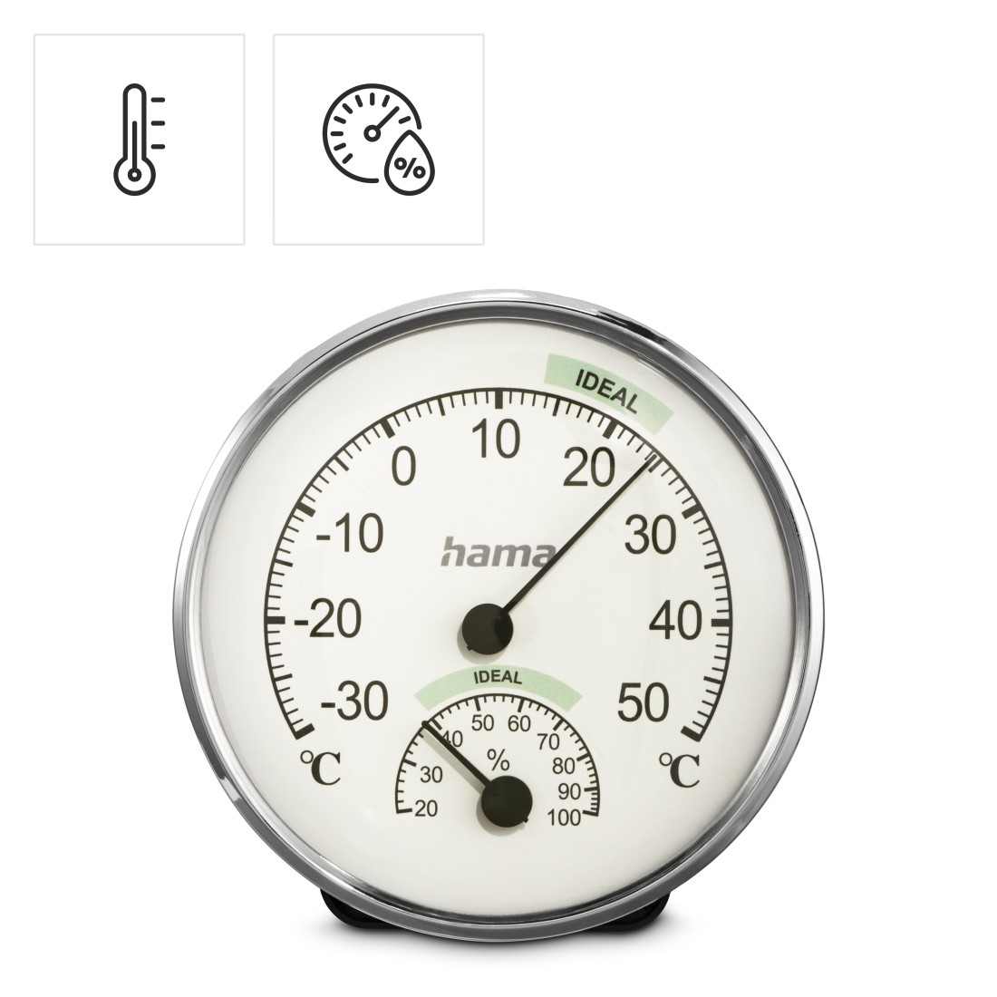 Ein rundes Thermometer und Hygrometer mit zwei Zifferblättern. Eines zeigt die Temperatur in Celsius, das andere die Luftfeuchtigkeit in Prozent an.