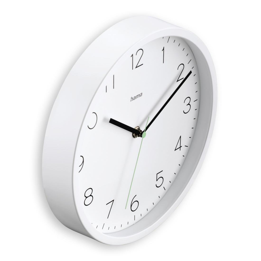 Eine weiße Uhr mit schwarzen Zahlen und Zeigern. Die Uhr ist abgewinkelt, wodurch die Seite sichtbar wird. Der Sekundenzeiger ist hellgrün.