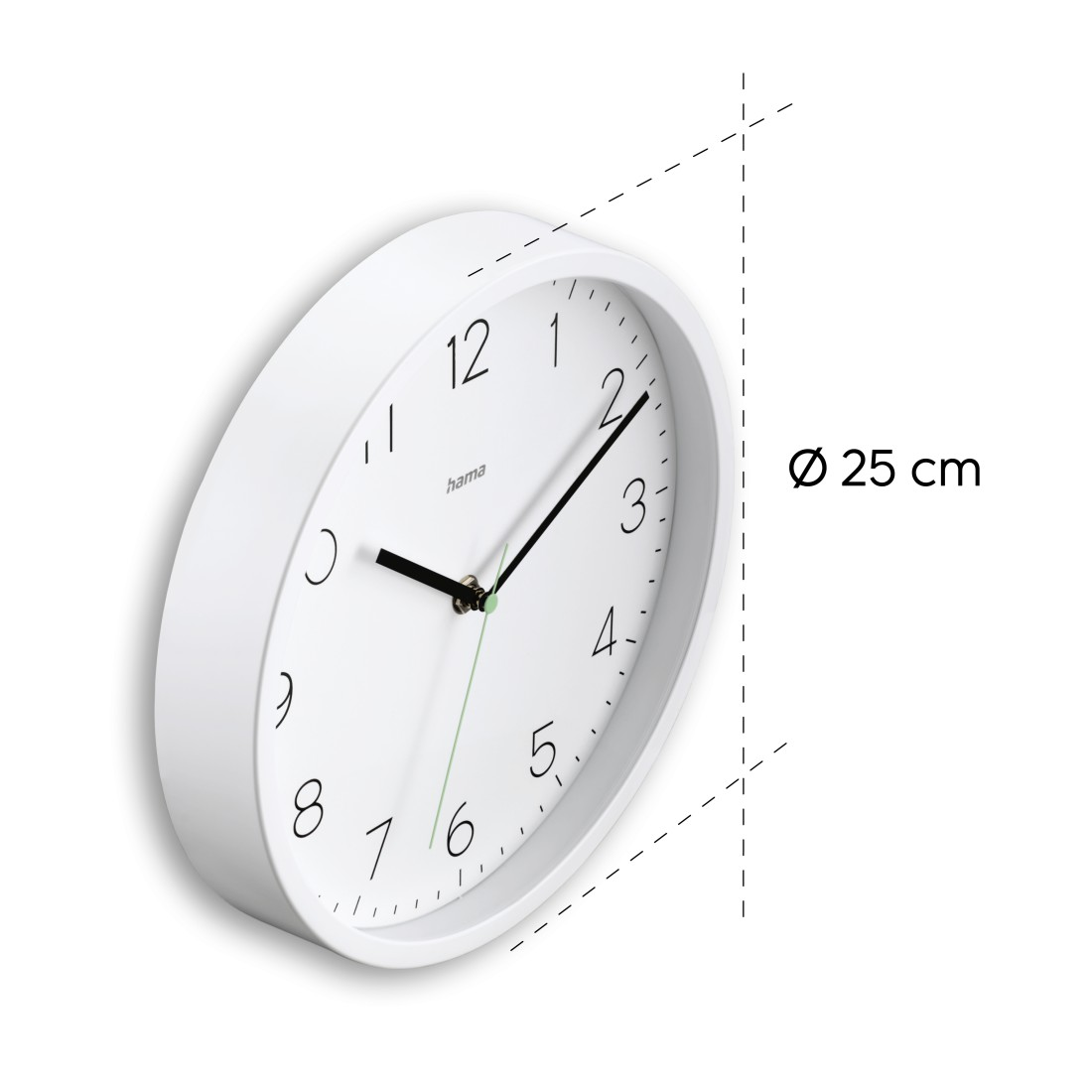 Weiße Wanduhr mit schwarzen Zeigern und schwarzen Zahlen. Der Durchmesser beträgt 25 cm. Die Marke ist 'hama'.