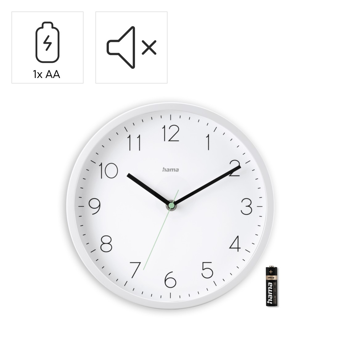 Weiße Wanduhr mit schwarzen Zeigern, Zahlen und dem Markennamen 'hama'. Batterie- und Stummschaltungssymbole sind oben abgebildet.