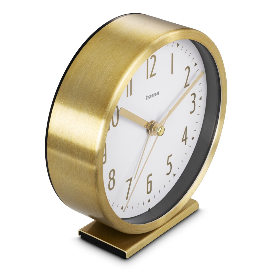 Ein goldfarbener Hama-Wecker mit weißem Zifferblatt und goldenen Zeigern. Die Uhr steht auf weißem Hintergrund.