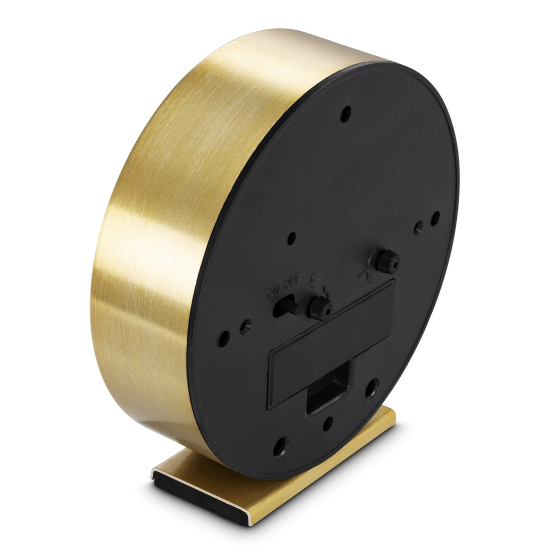 Eine goldfarbene, kreisförmige Uhr mit schwarzem Sockel. Die Uhr steht auf einem goldenen Ständer und hat eine Ein-/Aus-Taste.