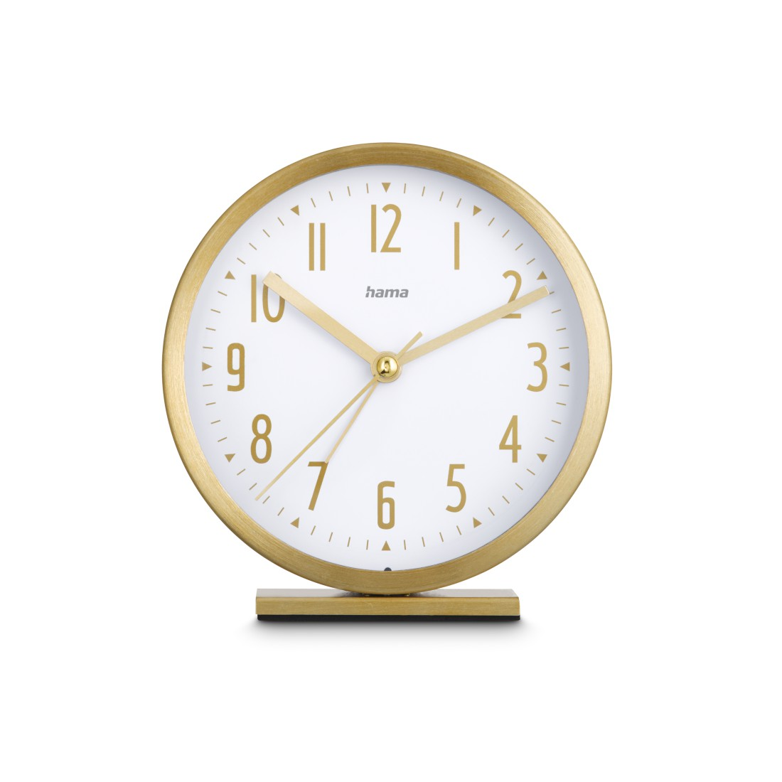 Goldfarbene analoge Uhr mit weißem Zifferblatt und goldenen Ziffern. Die Marke 'hama' steht oben. Die Uhr steht auf einem goldenen Sockel.