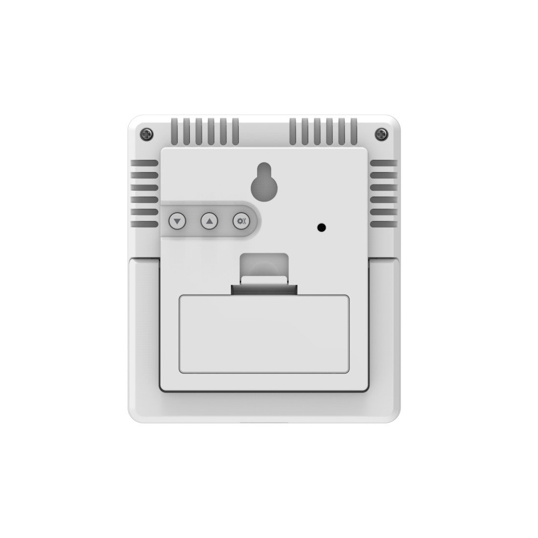 Die Rückseite eines weißen Geräts mit rechteckiger Form. Es hat Knöpfe, Lüftungsschlitze, ein Batteriefach und eine Aufhängevorrichtung.