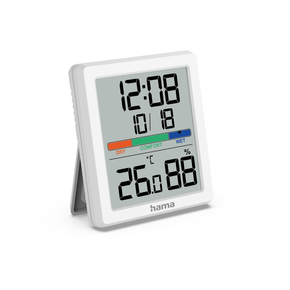 Ein weißes digitales Thermometer zeigt Zeit, Datum, Temperatur und Luftfeuchtigkeit an. Es zeigt 12:08, 10/18, 26,88 °C und 88 % an.