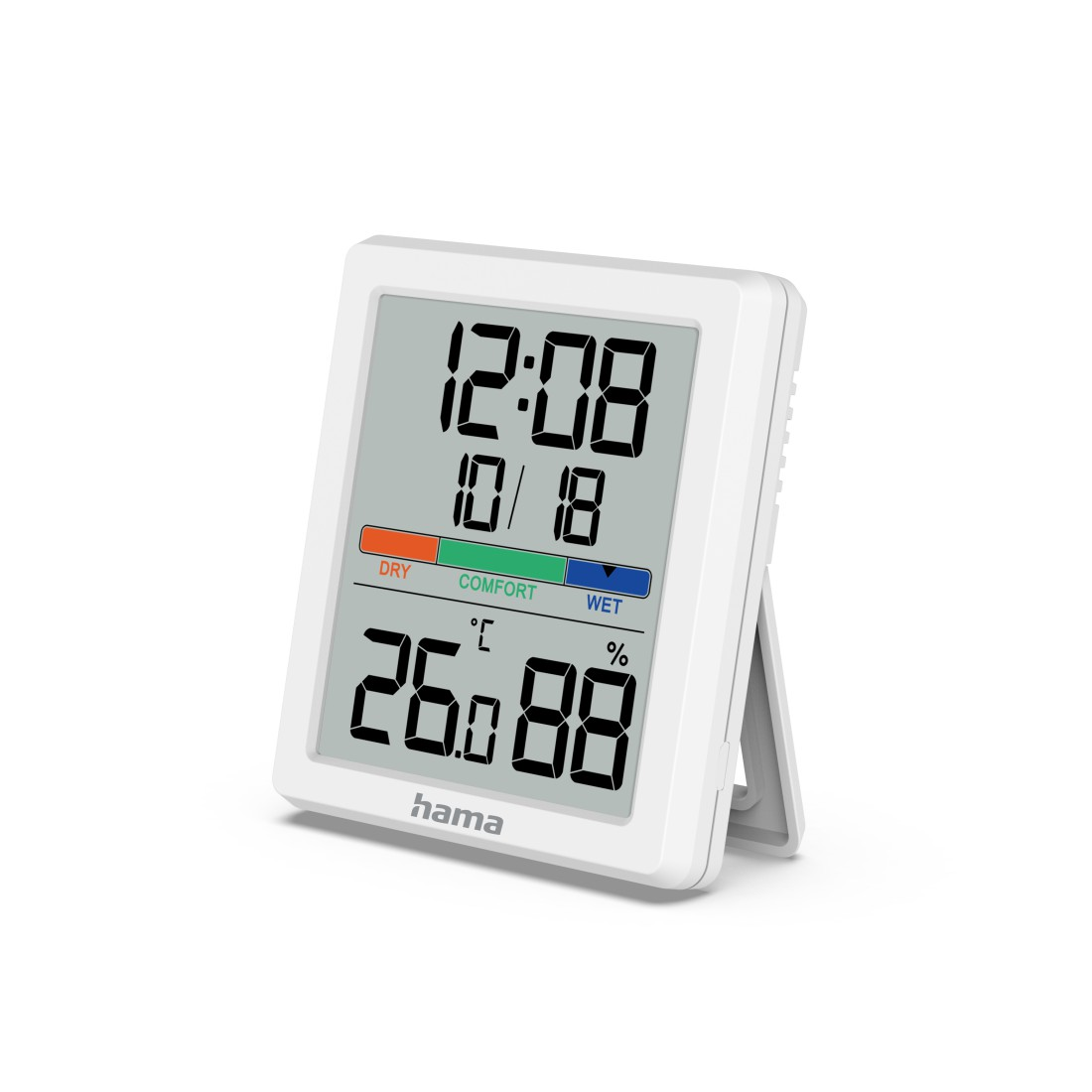 Weißes digitales Thermometer mit Anzeige von Uhrzeit, Datum, Temperatur (26,0 °C) und Luftfeuchtigkeit (88 %). Es hat einen Ständer.