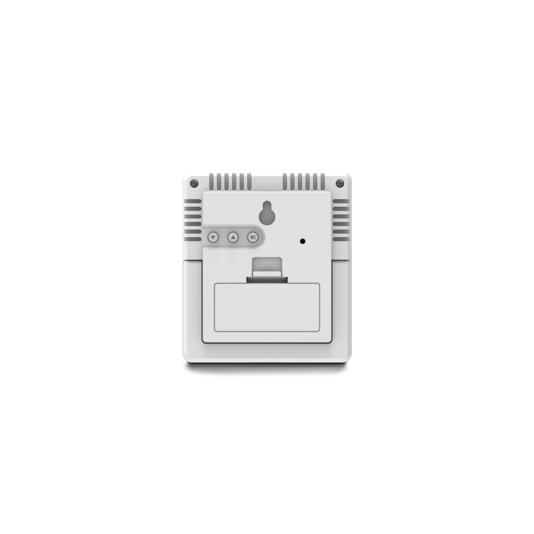Die Rückseite eines weißen Digitalgeräts. Es hat ein Batteriefach, Knöpfe und kleine Lüftungsschlitze.