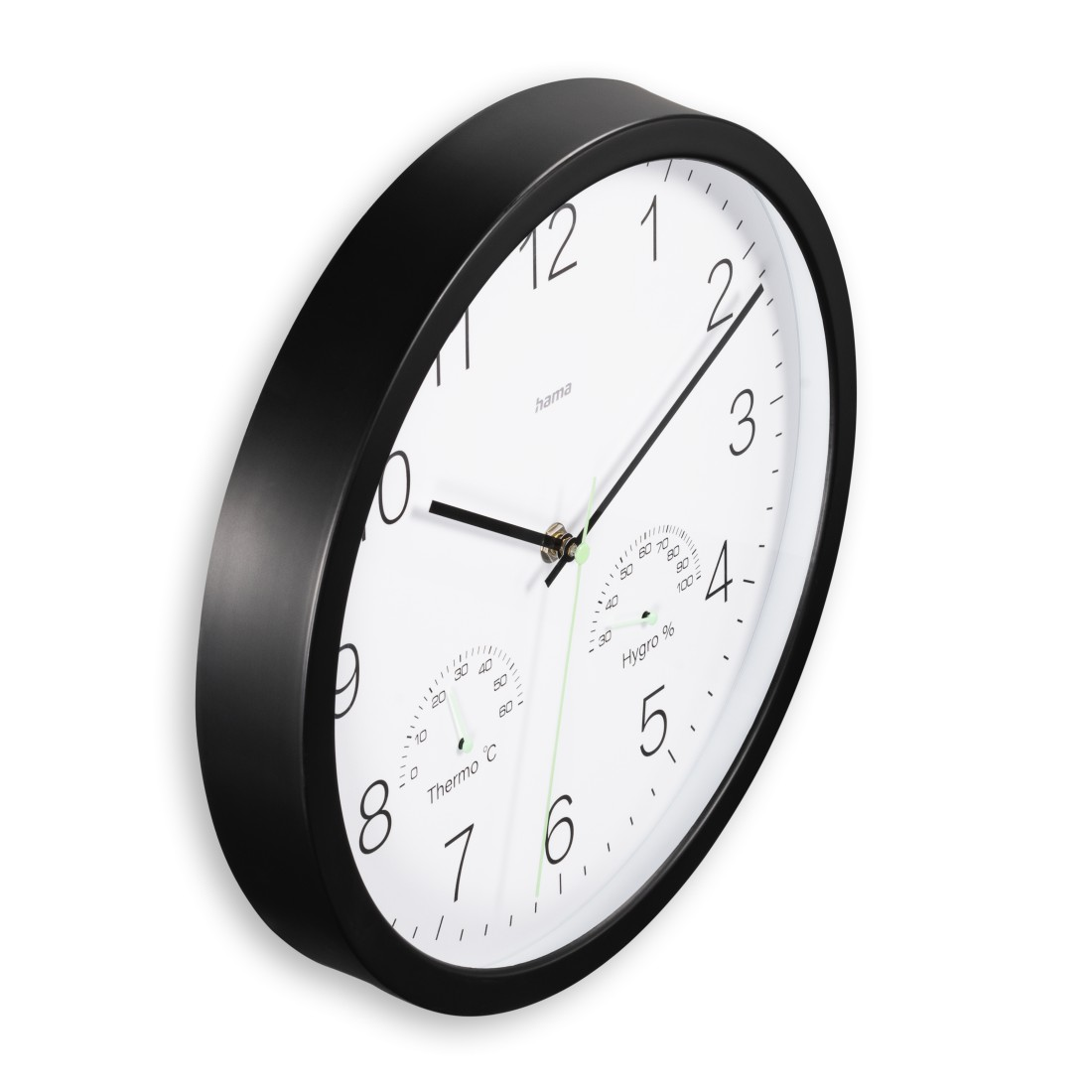 Eine schwarz-weiße Wanduhr mit Thermo- und Hygrometer. Die Uhr hat einen schwarzen Rahmen, ein weißes Zifferblatt und schwarze Zeiger.